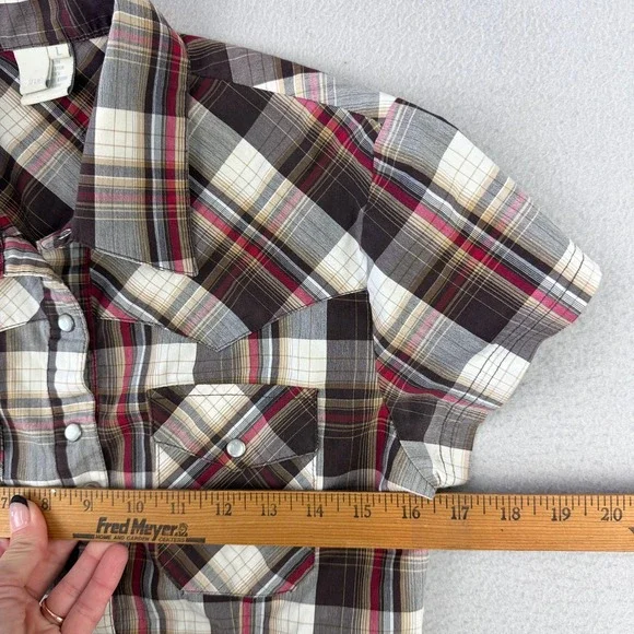 VTG Y2K Pearl Snap Shirt Womens L Brown Plaid Short Sleeve Western - Picture 3 of 7
